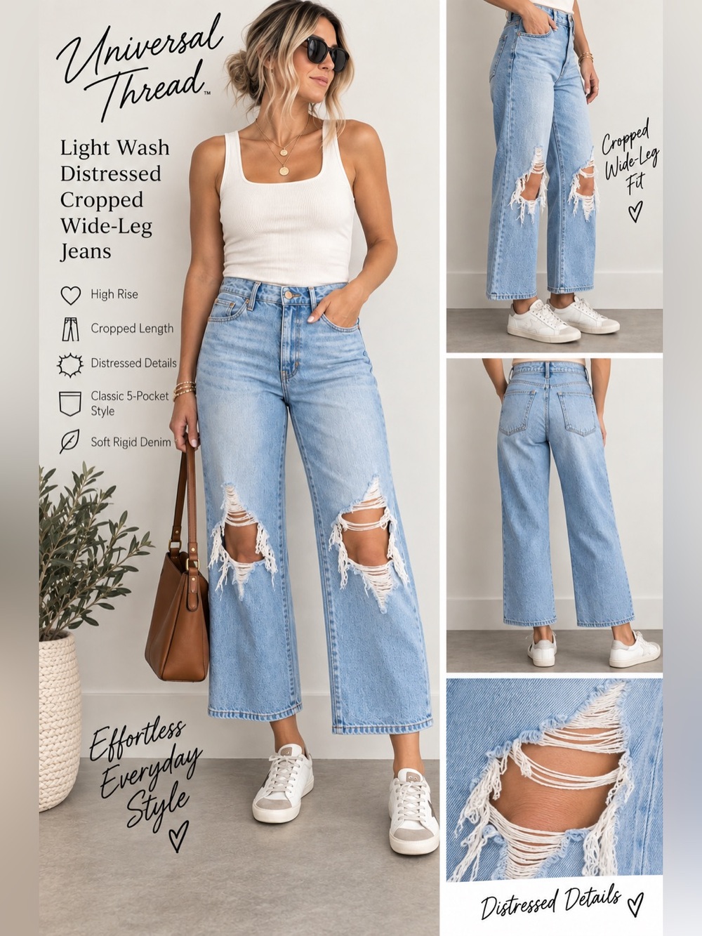 Universal Thread Light Wash Distressed Cropped Wide-Leg Jeans